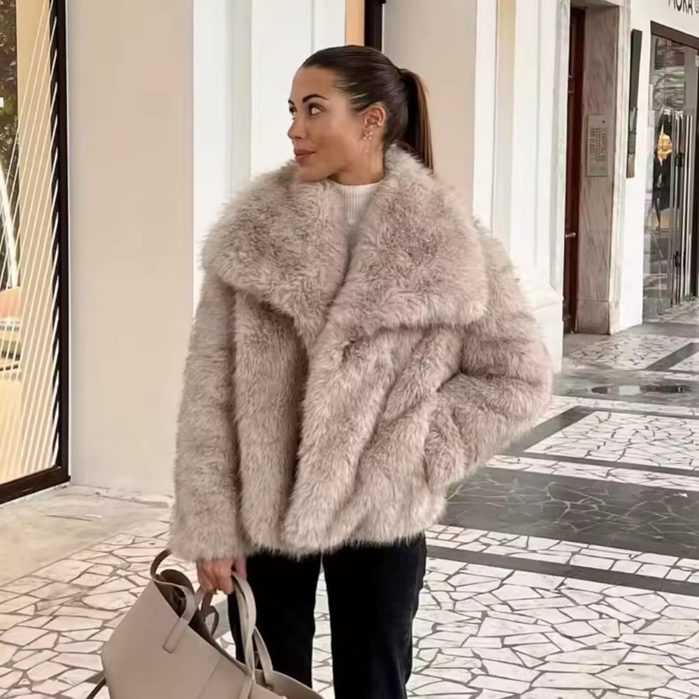 LAST 4❤️ Glam faux fur coat vintage style jacket cropped oversized black - Picture 11 of 13